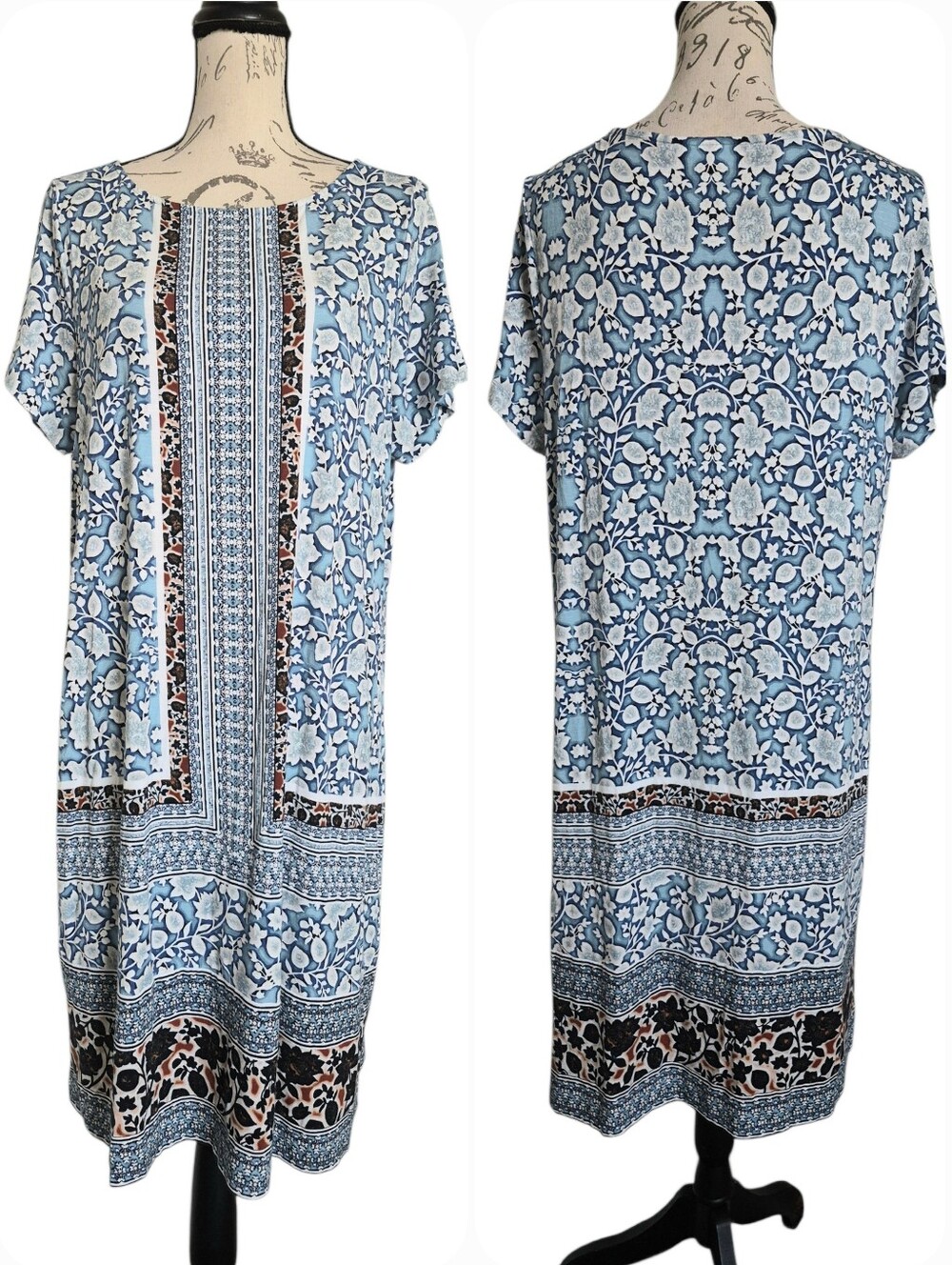 J. Jill floral border print Shift Summer Dress L Boho Stretch Casual vacation